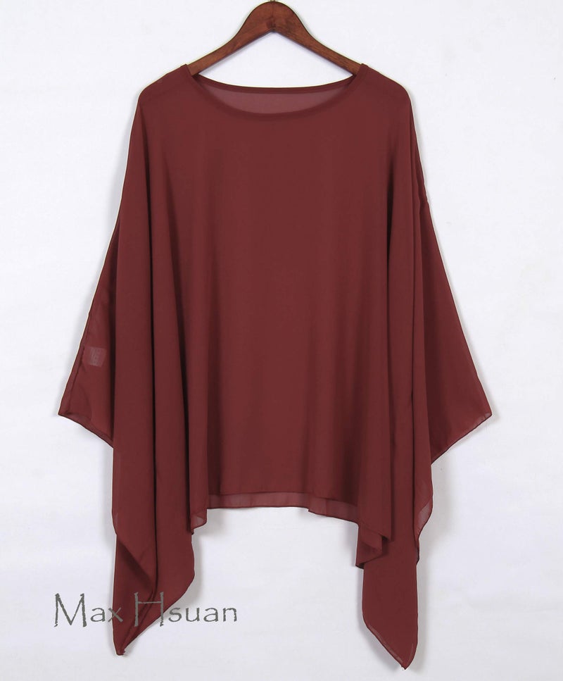 Max Hsuan Womens Summer Solid Sheer Batwing Blouse Chiffon Caftan Poncho Tunic Top Plus Size Cover up Burgundy - Image 2